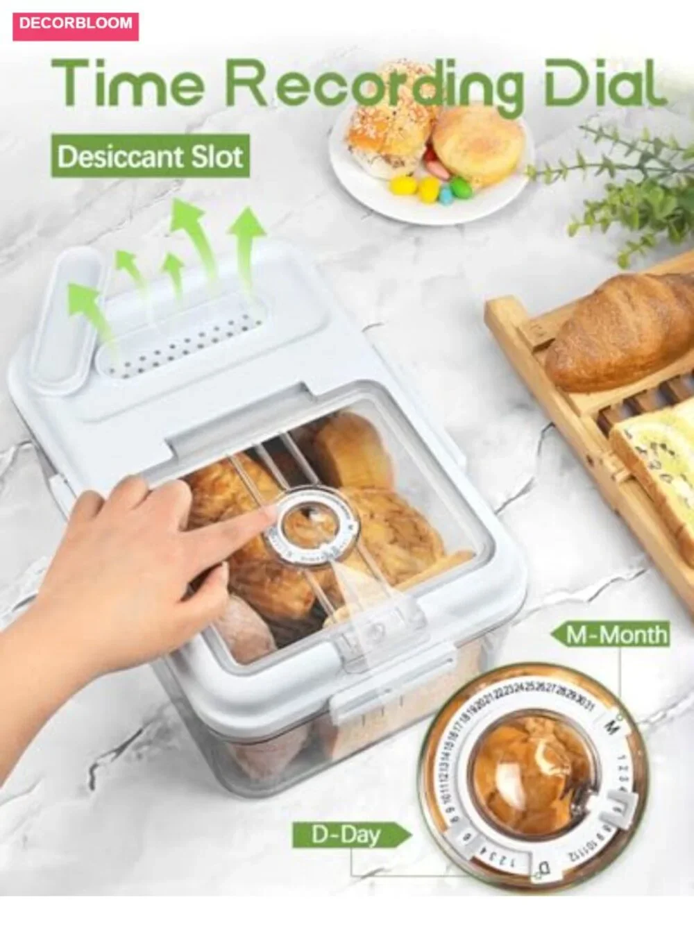 Large Airtight Bread Box with Magnetic Lid and Date Dial